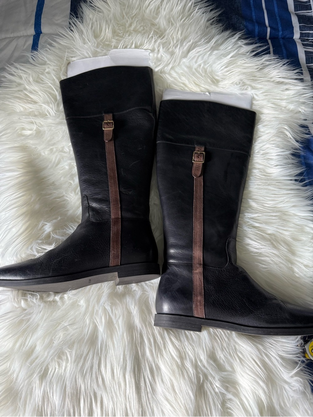 Cole Haan Black Leather Over-The-Knee Boots with Brown Strap
